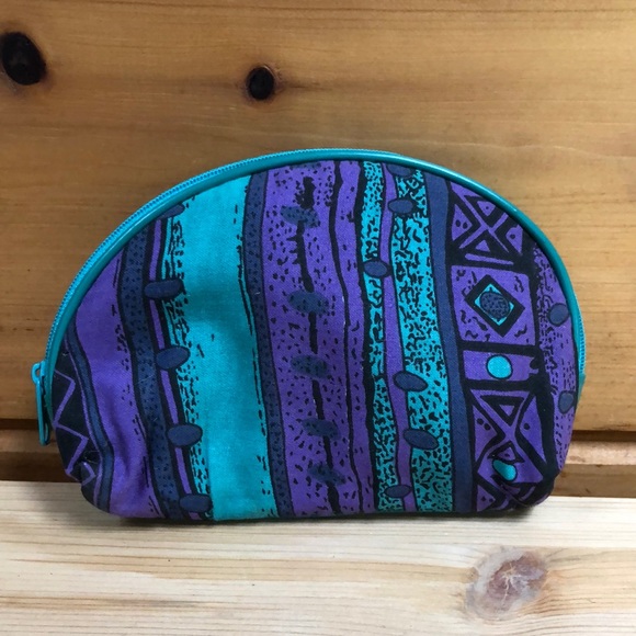 Vintage Geometric 80’s Style Makeup Pouch Mirror Lipstick Carrier Hand Bag - Picture 1 of 10